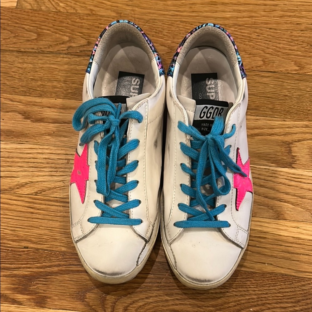 Golden Goose White Sneakers with Pink Star and Blue Laces! Like new!!!